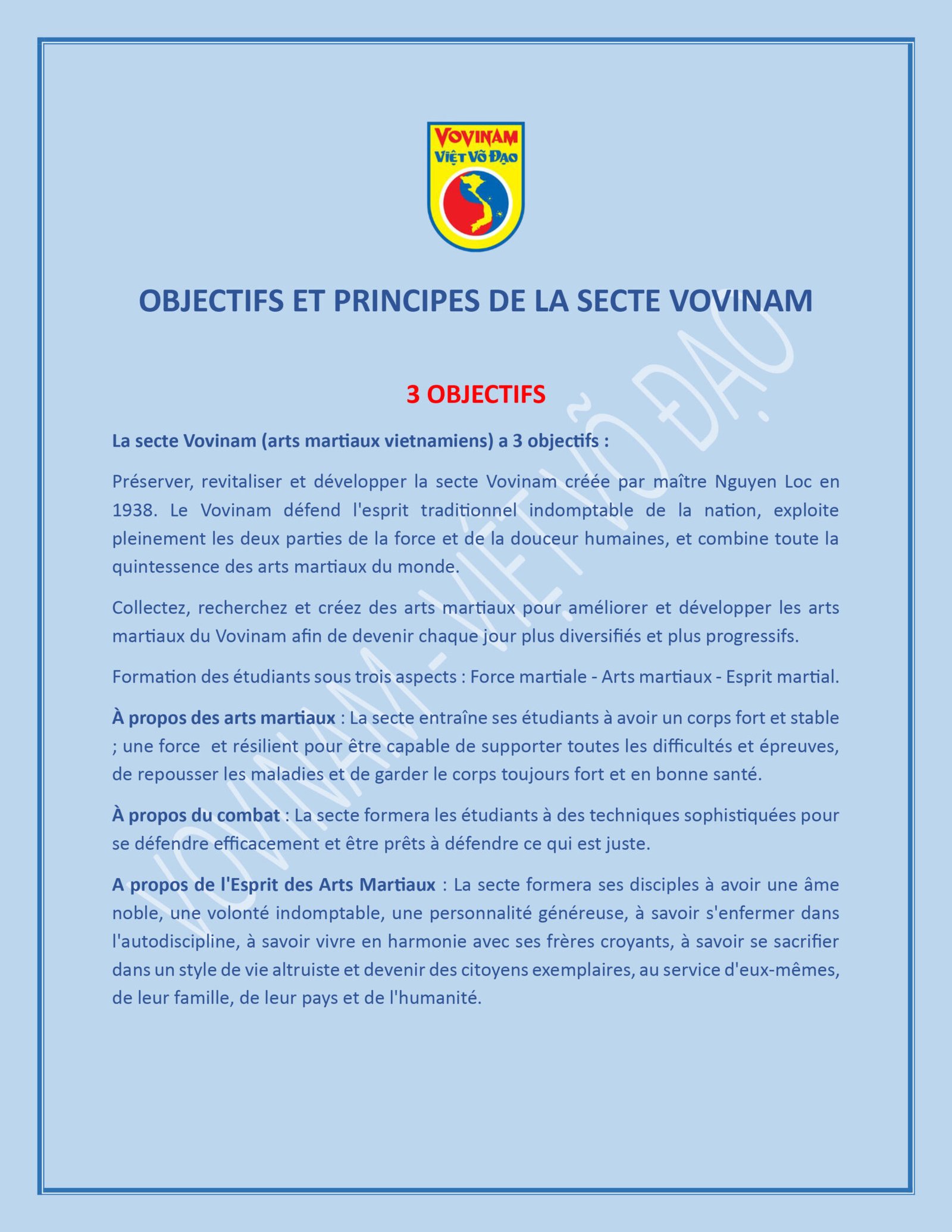 OBJECTIF ET PRINCIPE DE LA SECTE VOVINAM 1 1