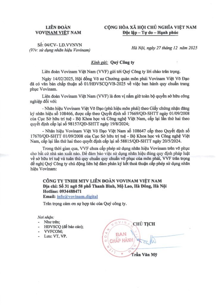 Liên đoàn Vovinam Việt Nam triển khai thu phí bản quyền đối với các đơn vị sản xuất, kinh doanh võ phục có sử dụng logo của môn phái 2025.12.27